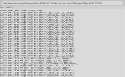 The Census API’s answer in a browser. Tract 116.01 has an income of -666666666, the Census Bureau’s code for an estimate it could not compute.