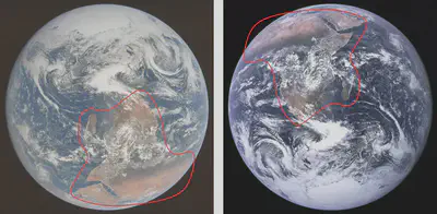 Two versions of the Blue Marble photograph. On the left, the frame as exposed, with Antarctica at the top and Africa upside down. On the right, the familiar released version, with north up. Africa and Arabia are outlined in red in both.