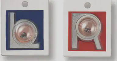 Two X-ray laterality markers, one blue reading “L” and one red reading “R,” each with a small metal bead visible through a window near the bottom of the frame.