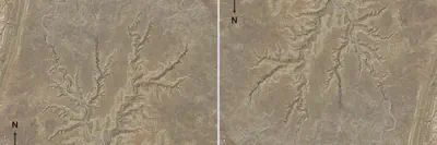 Two copies of a satellite image of canyons in Grand Staircase-Escalante, Utah. On the left, north up, the canyons look like raised ridges. On the right, the same image turned upside down, they look like canyons.